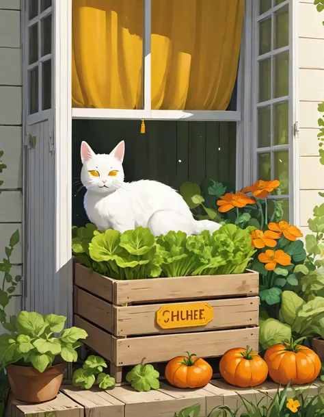 hezi, fresh illustration, flat paint style, no humans, rabbit, leaf, cat, plant, grass, flower, carrot, window, animal, basket, ...