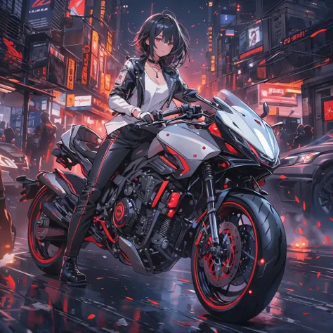 girl on a motorcycle, black leather jacket, white shirt, damaged jeans, leather boots, have a helmet, motorcycle, black hair, co...