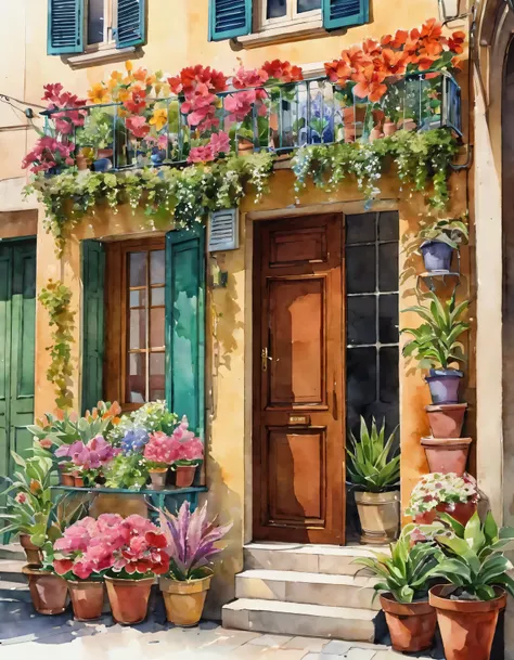 flower shop,coffee spots,gauges,a chair,no one,janelas,flowers,a plant,plants in pots,aquarelle (mediating),landscapes,doors,air...