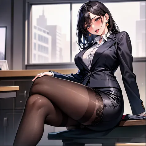 earring,pencil skirt,Office,torn pantyhose:1.5,sex orgasm,ahegao,sweat,wet,face focus,High image quality,Highest Quality,Photorealistic,Japanese woman,wearing a suit, sitting,High heel