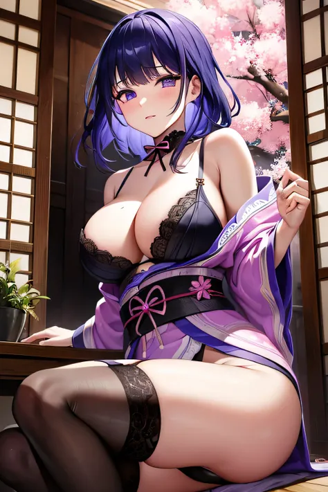 raiden ,pink kimono, big breasts, show black lace underwear