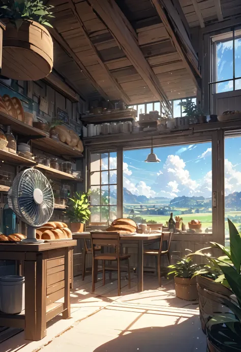 (masterpiece:1.2), best quality,pixiv,Warm animated scenes, landscape, no humans, Sky, plant, window, food, cloud, Sky, cup, shelf, tree, able, table, bottle, Sunlight, blue Sky, indoors, potted plant, bread, plate, Chair, shop, electric fan,