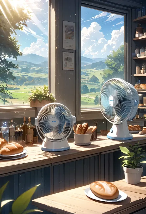 (masterpiece:1.2), best quality,pixiv,Warm animated scenes, landscape, no humans, Sky, plant, window, food, cloud, Sky, cup, shelf, tree, able, table, bottle, Sunlight, blue Sky, indoors, potted plant, bread, plate, Chair, shop, electric fan,