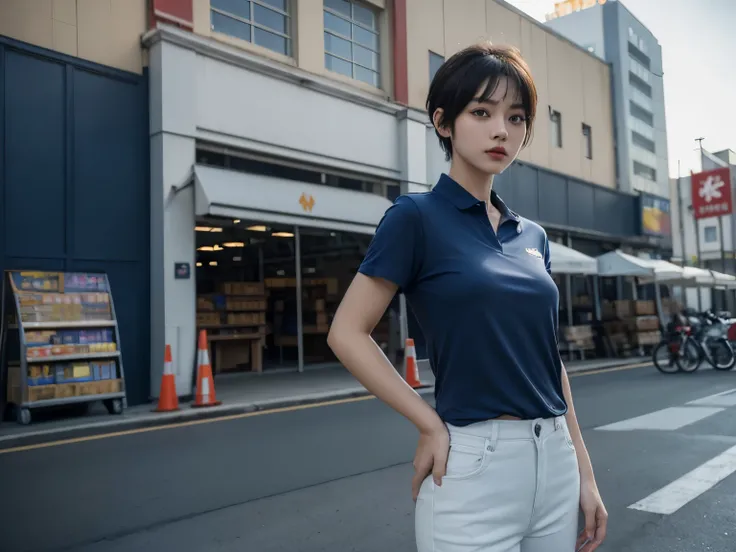 (masterpiece:1.3), (8K, Photo realism, RAW photos, Best image quality: 1.4)，Realistic，A female courier，Dark blue collar T-shirt（royalblue），short hair，Chinese Girl，Standing outside the supermarket，High-definition quality，Facing the camera，The background is ...