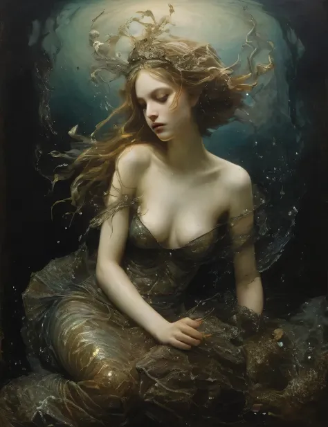 James Gurney, Surrealist art , dream-like, Mysterious, Provocative, symbolic, Complex, detailed,, (Gothic but very beautiful:1.4), (masterpiece, highest quality:1.4) , Nicola Samori Style, a 14 year old beautiful mermaid in the sea