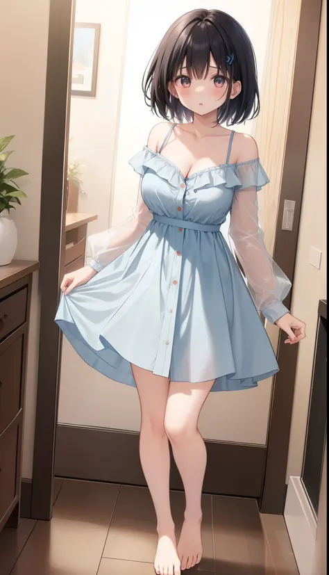 One Girl、Arima Kana、positive、Standing posture、Full body portrait、Black Hair、Medium Haircut、blush、Absolute area、No panties、No bra、barefoot、Light blue dress、Off-the-shoulder dress、（Very large breasts）、Cleavage、((Lesbians around the world))、masterpiece、（highe...