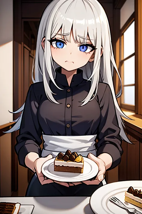 A girl eats chocolate cake, Silver haired, eating cake with gusto