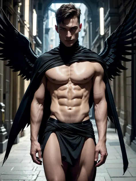 Photo-realistic, ((best quality)), ((masterpiece)), (detailed), shirtless, Azrael, masculine portrait of young personification of the angel of death,18-year-old male models, portraying death, angel of death as a guy,(huge Majestic dark angel wings ) handso...