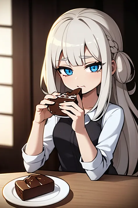 A girl eats chocolate cake, Silver haired, eating cake with gusto