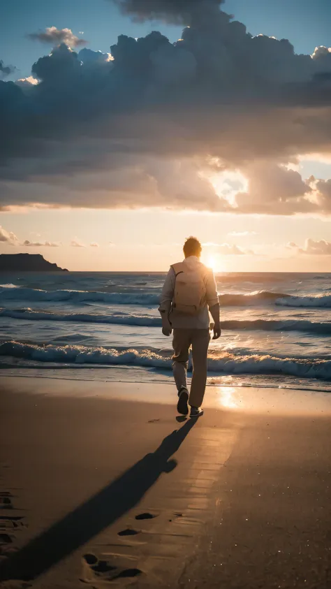 a man walks confidently towards the horizon, empty the miles, emitting warm light. vast landscape, symbolizes endless possibilit...