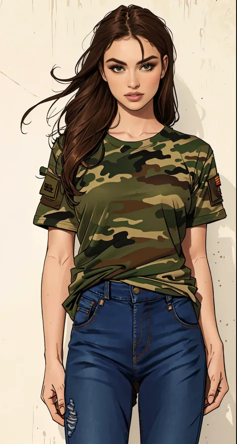 uma mulher com camisa camuflada e jeans posando para uma foto, vestindo uma camiseta e combate, vestindo camuflagem, corte super...