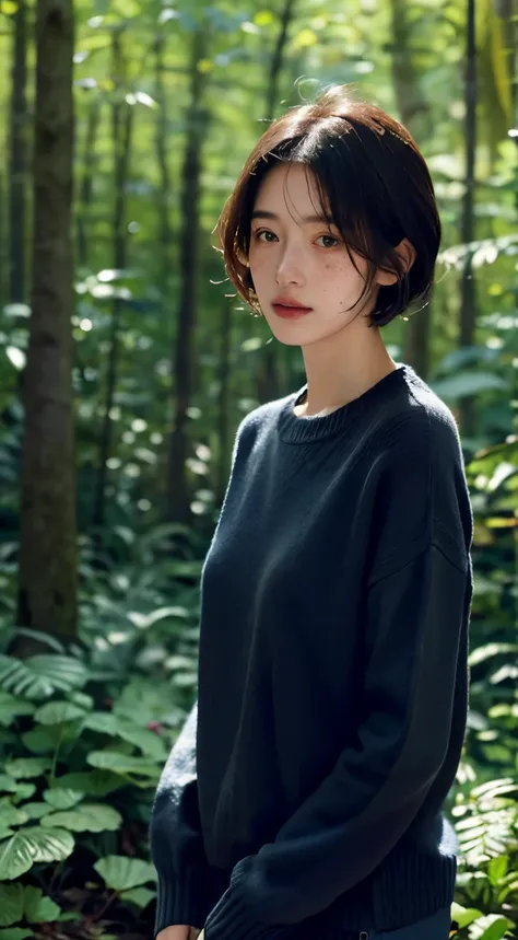 best quality, masterpiece, Ultra-high resolution, (Reality:1.5), RAW photos, 1 Girl, Dark blue sweater, Dense forest , Deep Shadows, Low profile, Cold Light, Sexy look, Bob Hairstyle, ((freckle)), There are wild plants in front of him, Blurred background.
