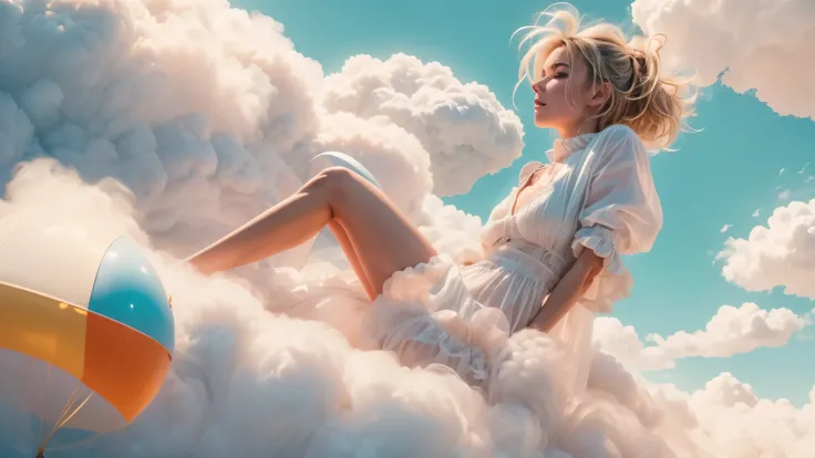 masterpiece, best quality, movie still, 1girl, floating in the sky, cloud girl, cloud, (close-up:1.1), bright, happy, fun, soft lighting, (Bauhaus, shapes, lines, abstract:1.1)