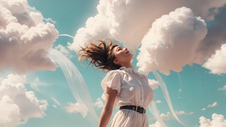 masterpiece, best quality, movie still, 1girl, floating in the sky, cloud girl, cloud, (close-up:1.1), bright, happy, fun, soft lighting, (Bauhaus, shapes, lines, abstract:1.1)