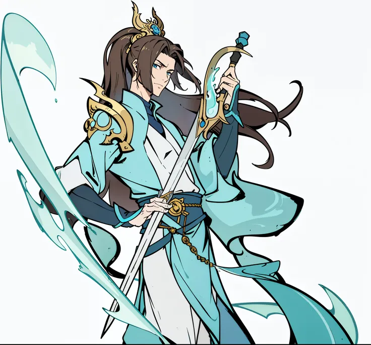 (high-quality, breathtaking),(expressive eyes, perfect face) 1boy, Immortal, boy, detailed brushstrokes, national style immortal style, original quality, beautiful original painting, blue Taoist priest, long robe, holding a sword, handsome Taoist priest.