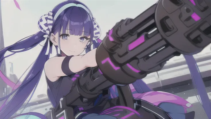 (((highest quality))), ((masterpiece)), (((Very detailed:1.3))) beautiful hyper waifu in cyberpunk bodysuit firing gatling gun,gun,anime,smile、Arms shop、 1 girl、solo、Long Hair、Twin tails、Red eyes、Open your mouth、Purple Hair、arms、hair band、skirt、belt、gloves...