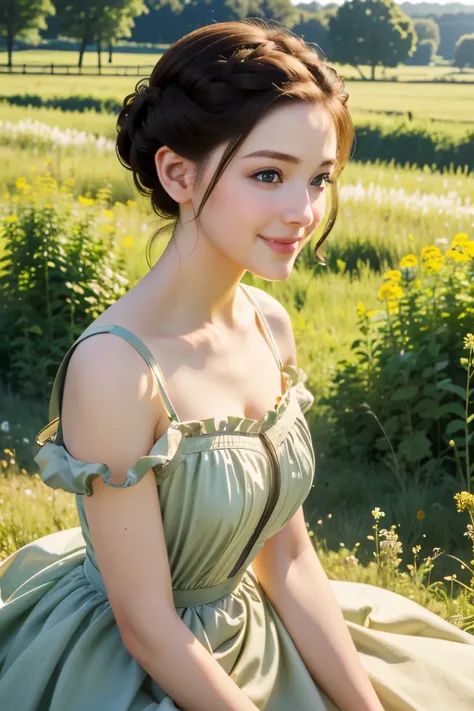 ((masterpiece, best quality))
Asa Ebi, 1 woman, alone, brown hair, green eyes, hair updo, in a wildflower field, wearing a flowing dress, smiling