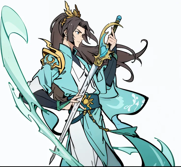 (high-quality, breathtaking),(expressive eyes, perfect face) 1boy, Immortal, boy, detailed brushstrokes, national style immortal style, original quality, beautiful original painting, blue Taoist priest, long robe, holding a sword, handsome Taoist priest.