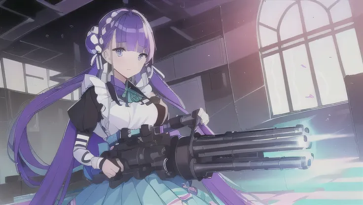 (((highest quality))), ((masterpiece)), (((Very detailed:1.3))) beautiful hyper waifu in cyberpunk bodysuit firing gatling gun,gun,anime,smile、Arms shop、 1 girl、solo、Long Hair、Twin tails、Red eyes、Open your mouth、Purple Hair、arms、hair band、skirt、belt、gloves...