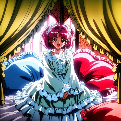 1990s style anime illustration,Happy girls fighting with pillows at pajama party。Many small feathers fluttering、Lolita style fashion with long sleeves and a long skirt nightgown with frills and ribbons。On a huge, wide canopy bed、Lots of frilly pillows and ...