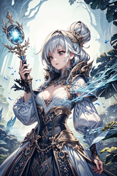 1girl, high detailed mage, holding magic staff, casting spells, white hair, standing on a tranquil lake, fantasy landscape, dramatic lighting, cinematic composition, intricate details, photorealistic, 8k, (best quality,4k,8k,highres,masterpiece:1.2),ultra-...