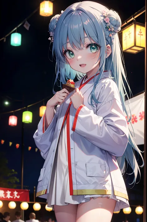 index, index, (Green Eyes:1.5), Blue Hair, Long Hair, (Flat Chest:1.2),smile,blush,Happy atmosphere,Open your mouth,Long Hair,Hair Bun, double  Hair Bun,White bathrobe,Long sleeve,mini skirt,Sandals,night空の花火,Fireworks display,Japanese Festivals,Summer fes...