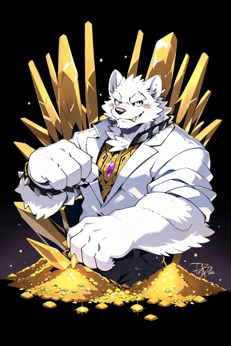 in the vault, Treasure, ((All white fur:1.5)), Solitary, Perfect sky blue eyes, spiked collar, (artist:Takemoto Arashi), Mature face, Elders, Naughty face, flashing, Long eyelashes, (Reach out:1.5), (sharp detailed face), Wearing a white long trench coat|B...