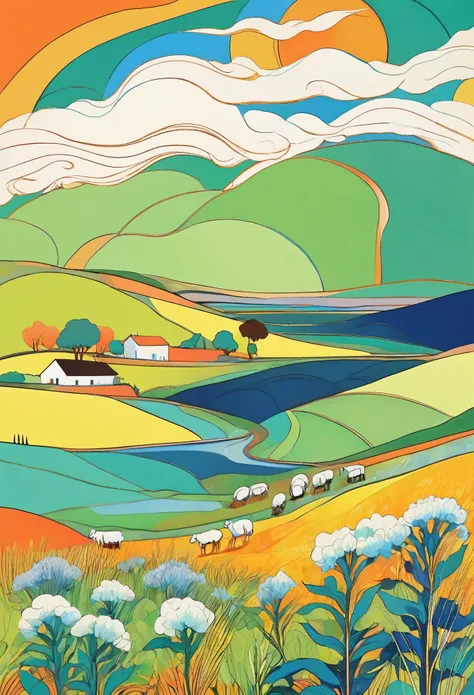 Brett Whiteley-style colorful illustration of the Australian countryside, rolling hills, Green pastures, and grazing sheep, with blue sky, Orange sun and white clouds, fauvism