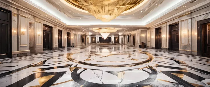 photo of A venue full of marble and gold detailing with reflective flooring , BREAK lovecraft cosmic horror,,, ultra realistic, detailed, eerie, atmosphere, trhs artstyle,