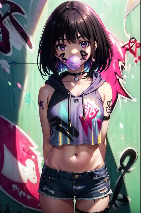 Takiuchi, Check it out, Long Hair, bangs, Black Hair, (Purple eyes:1.2),Blue hoodie Front opening,Food up,Blowing bubble gum, Pink bubble gum,Bobcut,Belly button tank top,Denim shorts, choker, (graffiti:1.5), Paint splashes, Place your arms behind your bac...