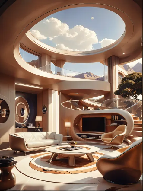 living room study concept for futuristic home incorporates organic fluidity、circles and geometric shapes，and use artistic imagin...