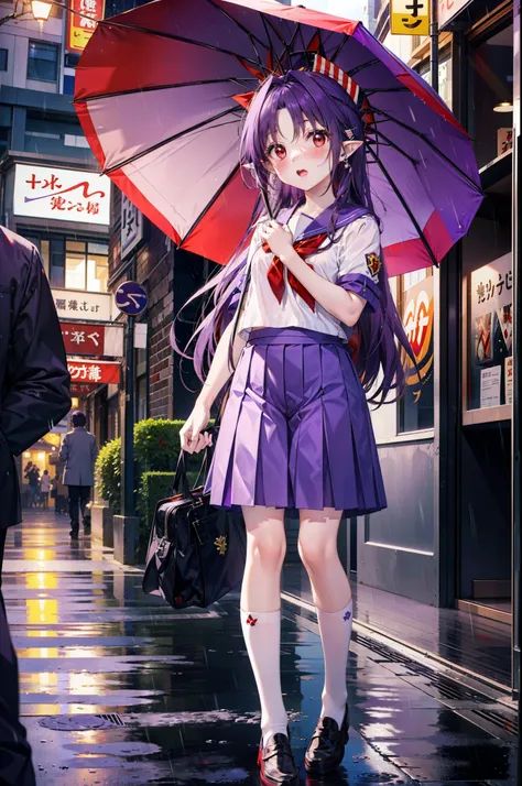 yuukikonno, Yuki Konno, hair band, Long Hair, Pointy Ears, Purple Hair,blush, Embarrassing,(Red eyes:1.5), (Small breasts:1.2), Open your mouth, uniform(Purple Sailor Suit),Short sleeve,Purple pleated skirt,White tights,Brown Loafers,rain,cloudy,umbrella,w...