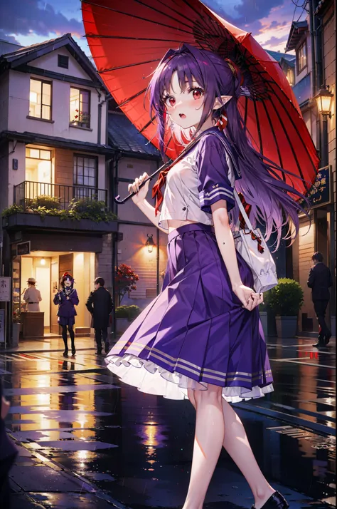 yuukikonno, Yuki Konno, hair band, Long Hair, Pointy Ears, Purple Hair,blush, Embarrassing,(Red eyes:1.5), (Small breasts:1.2), Open your mouth, uniform(Purple Sailor Suit),Short sleeve,Purple pleated skirt,White tights,Brown Loafers,rain,cloudy,umbrella,w...