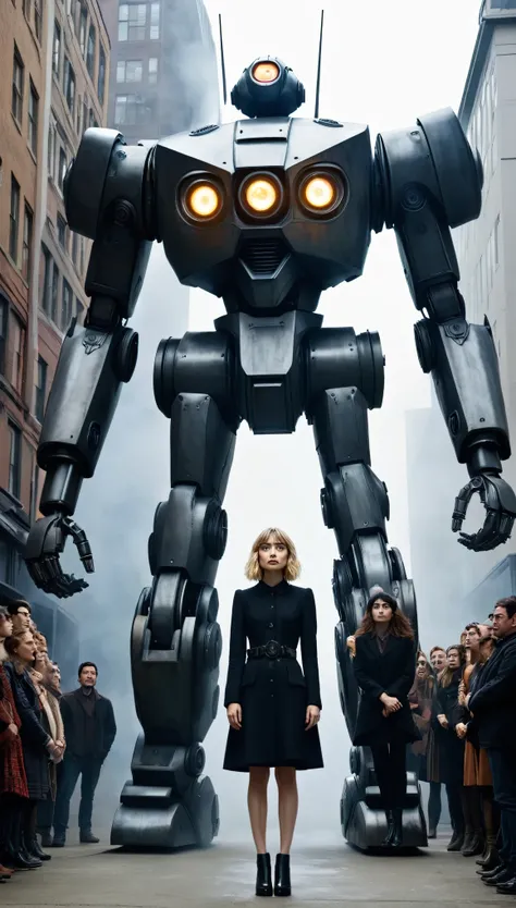 a terrifying figure who embodies the spirit of imogen poots、the audience stands in front of a giant robot reminiscent of ken kel...