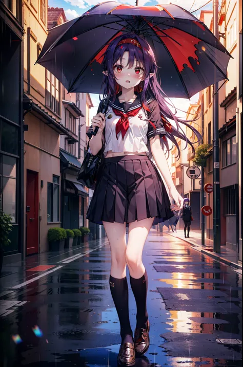 yuukikonno, Yuki Konno, hair band, Long Hair, Pointy Ears, Purple Hair,blush, Embarrassing,(Red eyes:1.5), (Small breasts:1.2), Open your mouth, uniform(Black sailor suit),Short sleeve,Black pleated skirt,black tights,Brown Loafers,rain,cloudy,umbrella,who...