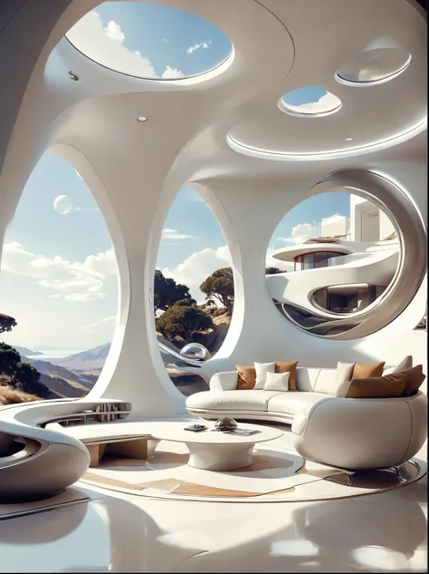 living room study concept for futuristic home incorporates organic fluidity、circles and geometric shapes，and use artistic imagin...