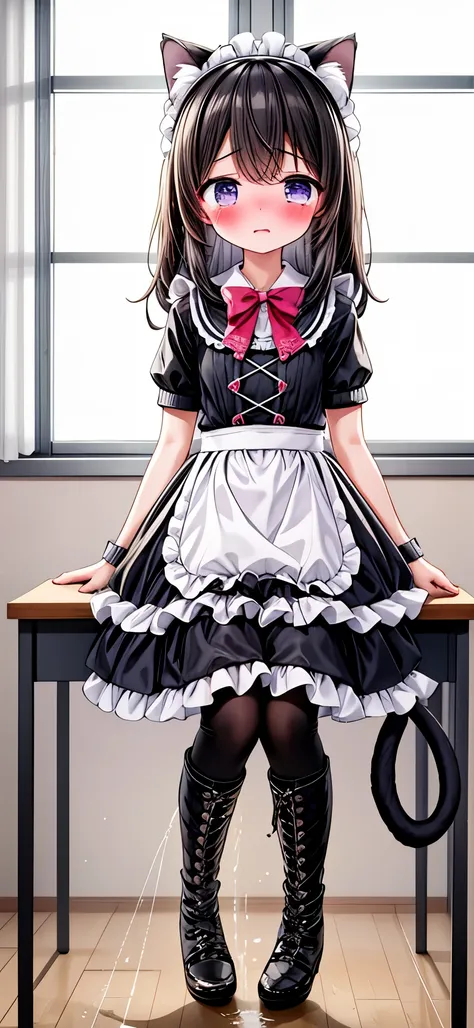 深色短发girl，Shy，blush，Maid costume，Black boots，classroom场景，For the audience，，White pantyhose，blush害羞，classroom scene，girl，，((absurd)), ((on the table)), (best quality), (lens flare), (Super detailed), (Fair), ((cute girl)), solitary, Fair face, White skin, on...