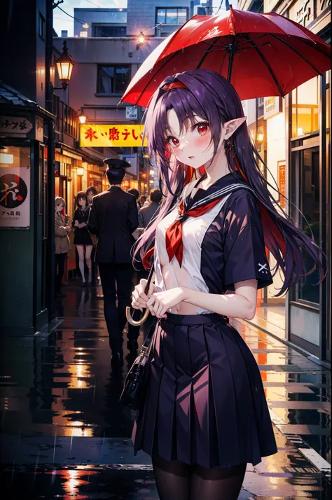 yuukikonno, Yuki Konno, hair band, Long Hair, Pointy Ears, Purple Hair,blush, Embarrassing,(Red eyes:1.5), (Small breasts:1.2), Open your mouth, uniform(Black sailor suit),Short sleeve,Black pleated skirt,black tights,Brown Loafers,rain,cloudy,umbrella,who...