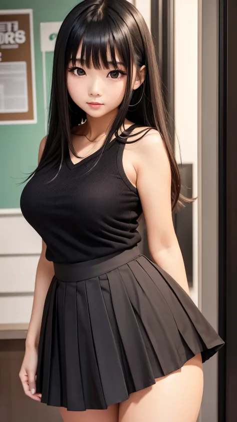 Detailed face、highlight、Asian Girl、thigh、breast enhancement、Black Hair、Heavy bangs、high school girl、skirt、