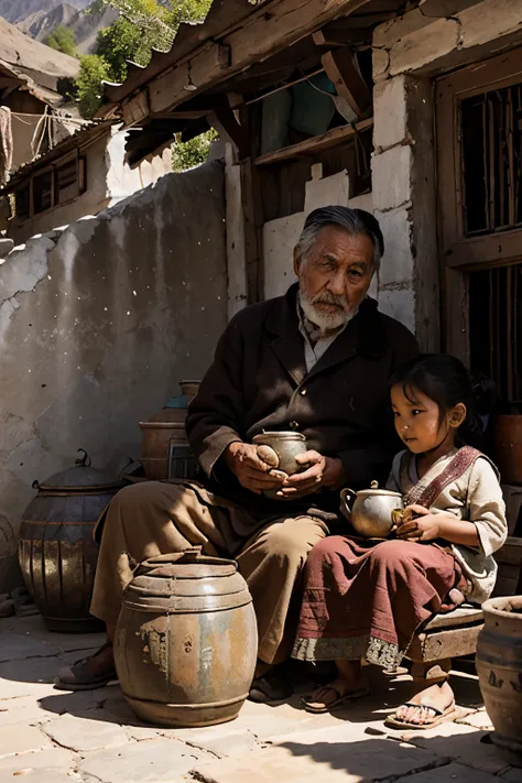 Draw a picture that includes the Karakoram Mountains, an old house yard, an old Tibetan woman with two Makhor babies on her lap, and a large Markhor pot eating. There is an old man leaning against the wall drinking hakka.