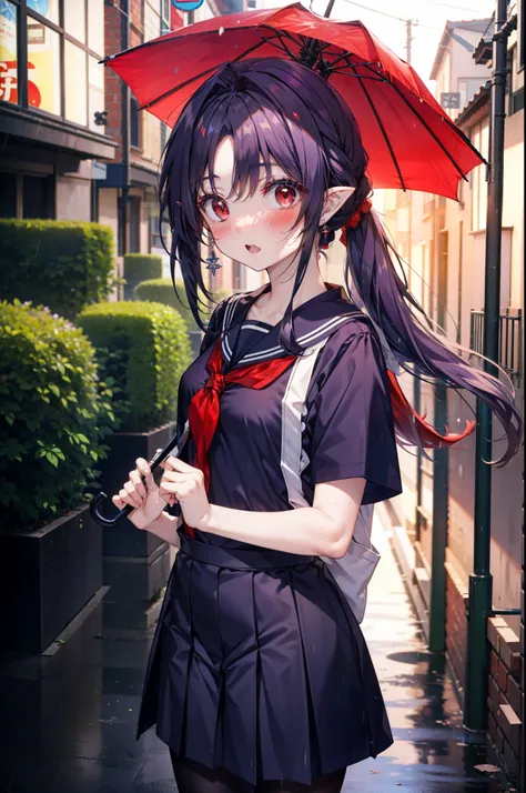 yuukikonno, Yuki Konno, hair band, Long Hair, Pointy Ears, Purple Hair,blush, Embarrassing,(Red eyes:1.5), (Small breasts:1.2), Open your mouth, uniform(Black sailor suit),Short sleeve,Black pleated skirt,black tights,Brown Loafers,rain,cloudy,umbrella,who...