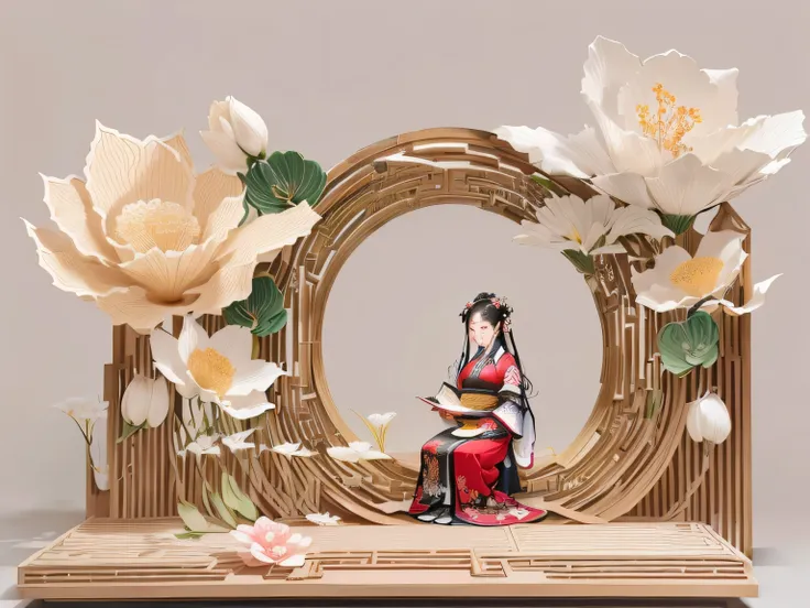 there is a picture of a woman sitting in a flower frame, inspired by Li Di, inspired by Liu Jue, inspired by Jiang Tingxi, inspired by Liu Haisu, inspired by Zhang Zeduan, inspired by Pu Hua, intricate story, ukiyo - e sculpture, paper art, inspired by Guo...