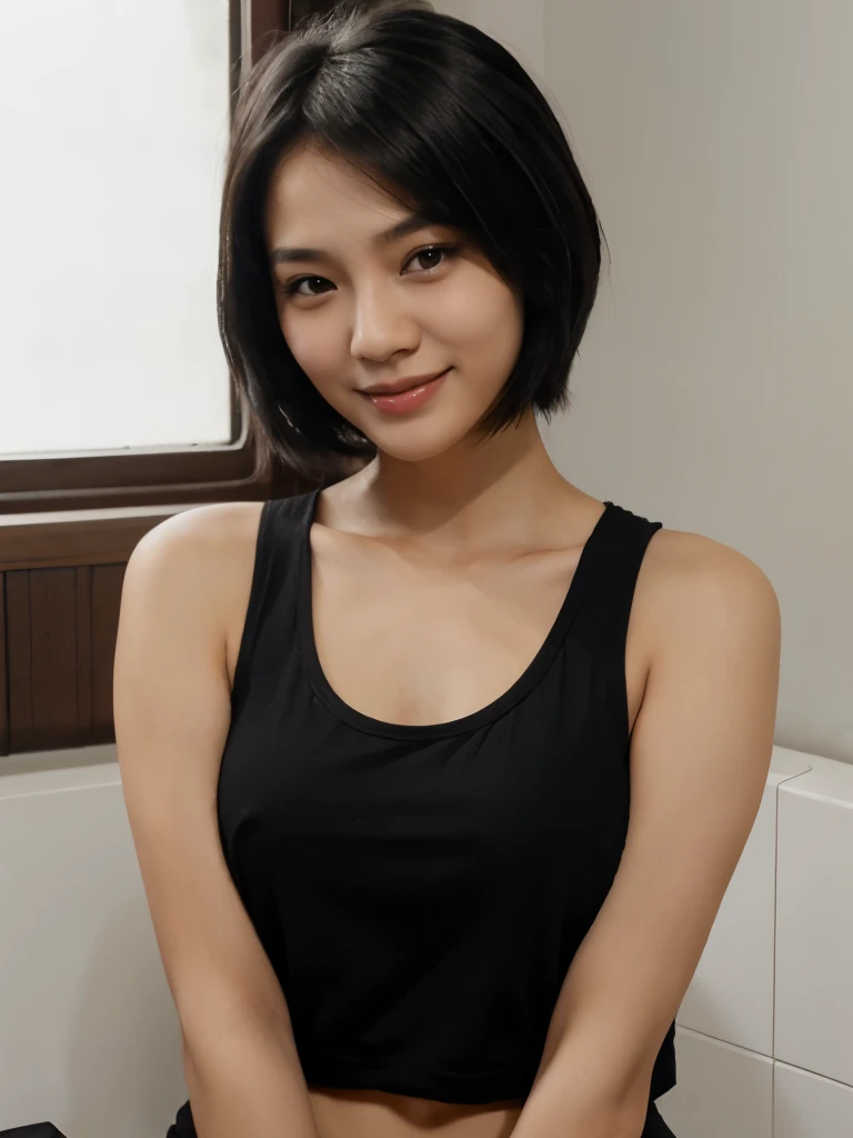 17 years asian girls using black tank top (facing to the camera) short black hair smiling at viewer (small breast)