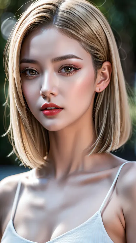 realism, realistic, ((ultra  realistic details:  velvety skin, blonde short slicked to the side hair,  symmetrical lips, light g...