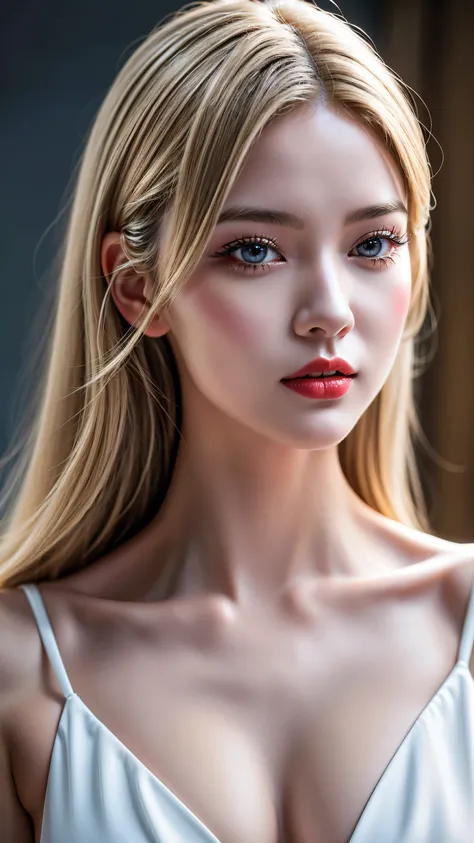 realism, realistic, ((ultra  realistic details:  velvety skin, blonde short slicked to the side hair,  symmetrical lips, light g...