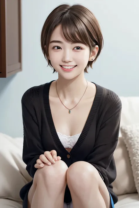 205 ((short hair)), 20-year-old female, In underwear、cardigan、 A refreshing smile、Beautiful teeth alignment、、Dark brown hair、ear piercing、Necklace around the neck、Looking into the camera

