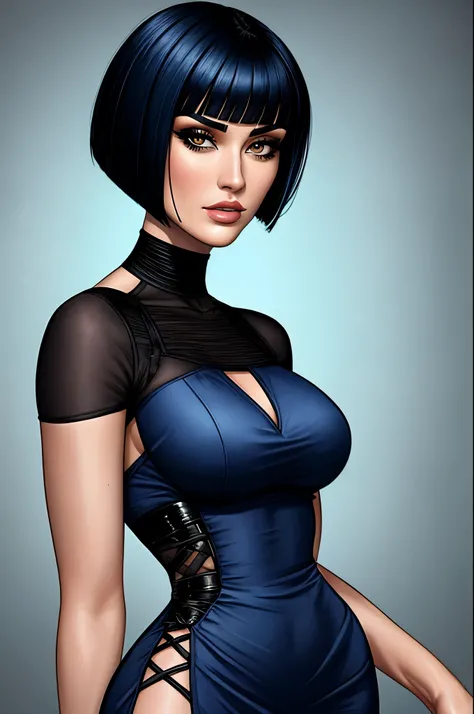 Blue black hair, bobcut, undercut, severe dress