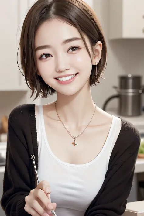 205 ((short hair)), 20-year-old female, In underwear、cardigan、 A refreshing smile、Beautiful teeth alignment、、Dark brown hair、ear piercing、Necklace around the neck、Looking into the camera

