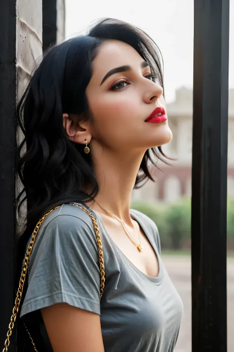 Wavy short black hair, (RAW photo, realism: 1.8), (dark lip gloss, light red lipstick, many eyelashes, dark black eye shadow, shy, blushing, high quality, high resolution, depth of field, chromatic aberration, caustic, wide light, natural colors, 30 year o...