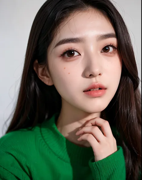 Closeup of woman with long hair and green sweater, 젊고 사랑스러운 korean 얼굴, Korean facial features, beautiful aesthetic face, Best Face, 귀엽고 사랑스러운 korean 얼굴, korean symmetrical face, Mulher sul-korean bonita, maquiagem korean popular, maquiagem sul-korean popul...